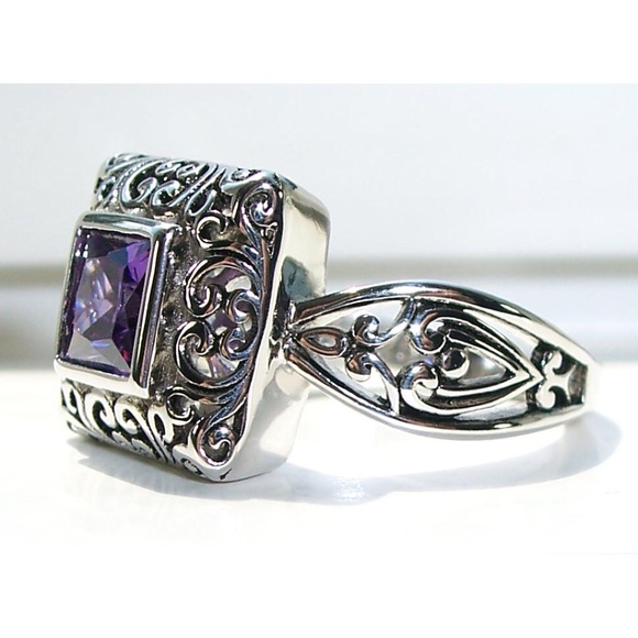 925 STERLING SILVER Ornate Simulated Amethyst Cubic Zironia Ring - Picture 2 of 16